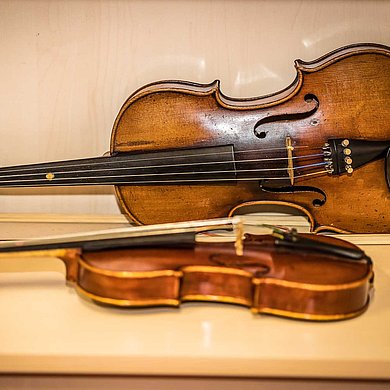 Eine Violine und eine Viola in einer Instrumentenvitrine