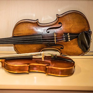 Eine Violine und eine Viola in einer Instrumentenvitrine