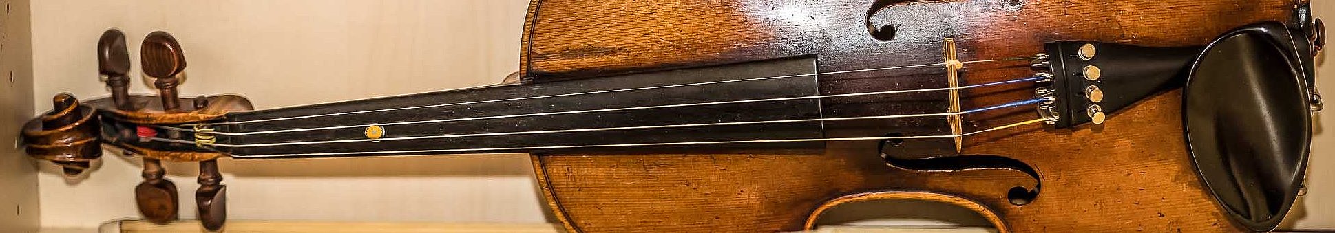 Eine Violine und eine Viola in einer Instrumentenvitrine