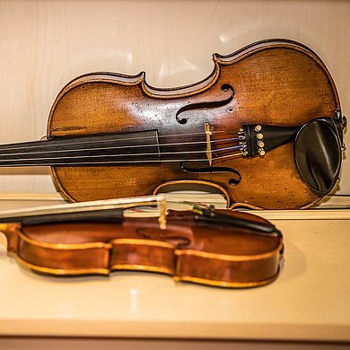 Eine Violine und eine Viola in einer Instrumentenvitrine