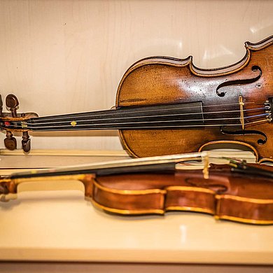 Eine Violine und eine Viola in einer Instrumentenvitrine